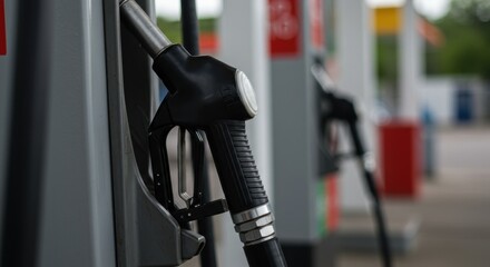Fuel pump nozzle at gas station: energy, transportation, economy, petroleum, industry