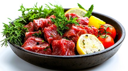 Fresh Meat with Herbs and Vegetables on Plate