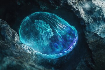 A bioluminescent, ethereal orb rests within a dark, rocky crevice, glowing with an otherworldly light.