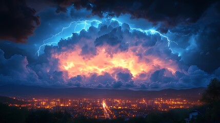 Fototapeta premium Night city thunderstorm lightning storm cloudscape