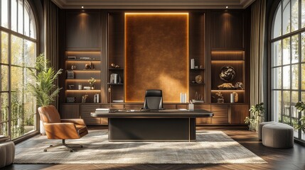 A professional office in amber tones featuring amber walls, sleek black furniture, neutral seating, golden lighting, and metallic decor for a modern and inviting design 