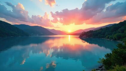 Blue turquoise curves surround a serene lake at sunset, serenity, curves, peaceful