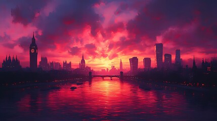 Fototapeta premium London sunset cityscape, fiery sky, river, bridge, travel poster