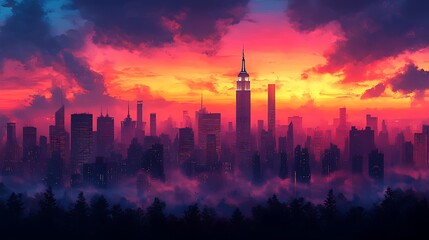 Fototapeta premium Cityscape sunset, fog, skyscrapers, dramatic sky, forest, artwork, digital art, wallpaper