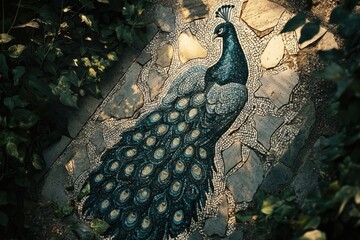 A stunning peacock mosaic art adorns a garden path, nestled amongst lush green foliage.