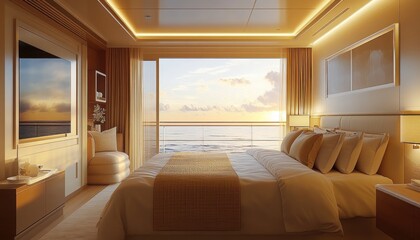 Fototapeta premium Luxurious bedroom with warm lighting and ocean view, perfect for relaxation and tranquility at sunset.