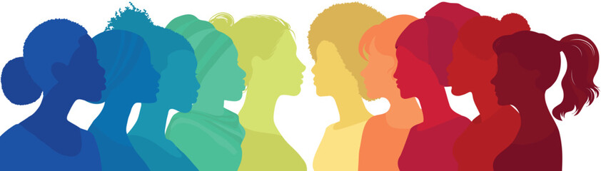 Communication group of multicultural women. face silhouette profile. Female social network community of diverse culture. Equality - Inclusion - Empowerment Colleagues. Rainbow colors