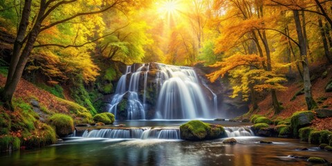 Fototapeta premium autumn waterfall cascading through vibrant green foliage, golden light filtering through the trees creating a warm and cozy atmosphere , waterfall, landscape