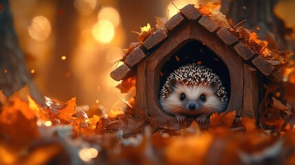 Naklejka premium Adorable Hedgehog in a Whimsical Autumn Forest with a Cozy Wooden House