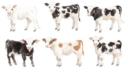 Watercolor Illustrations of Cute Adorable Calves on White Background