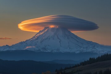 Fototapeta premium Majestic snow-capped mountain peak shrouded by a breathtaking lenticular cloud formation at sunset.