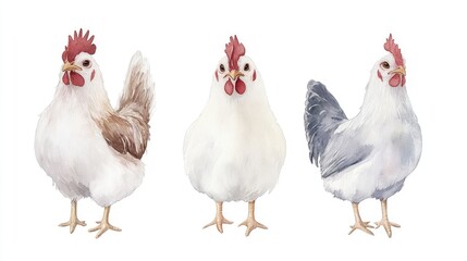 Fototapeta premium Three Colorful Chickens Illustration in Watercolor Style