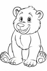 Fototapeta premium Adorable baby bear cub sitting and smiling in a hand-drawn, line art illustration, perfect for children's books or any project needing a touch of sweetness