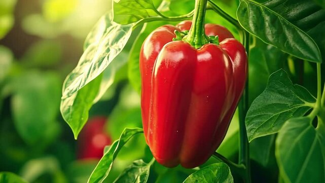 Vibrant red bell pepper growing in sunlit garden with lush green leaves