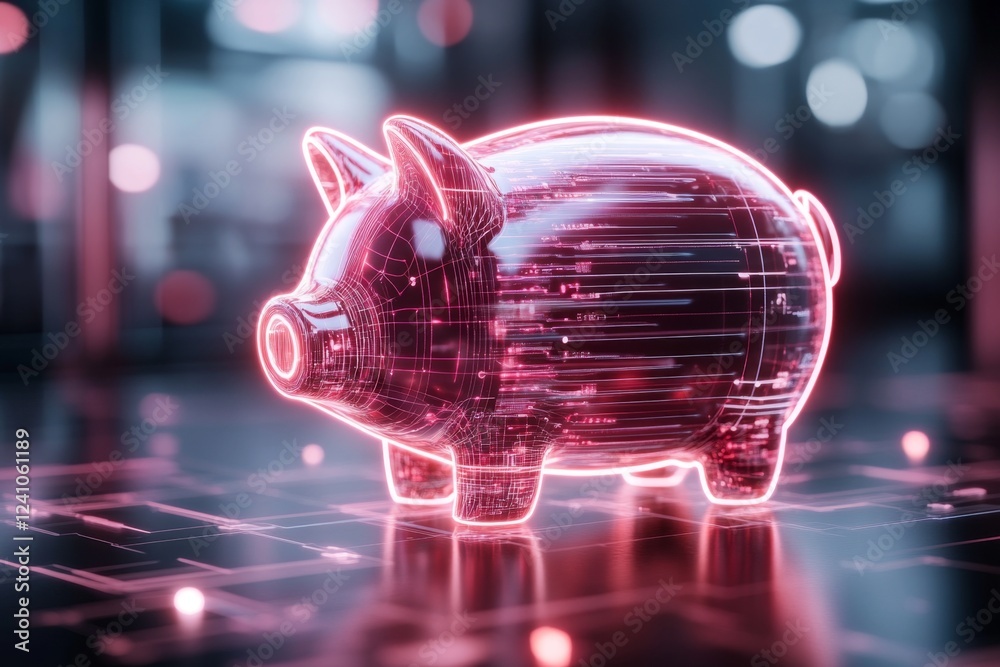 Poster a 3d-rendered digital piggy bank with futuristic neon accents, symbolizing smart savings and secure 