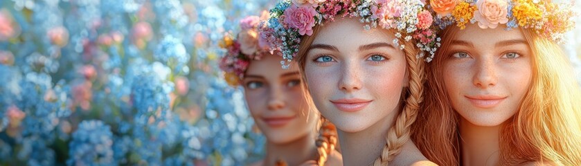 Obraz premium Three young women adorned with floral crowns smile against a backdrop of vibrant flowers, radiating joy and beauty.