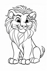 Black and white drawing of cute lion sitting and looking forward in a simple, stylized outline drawing, perfect for children's books or coloring pages	
