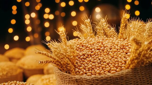 Golden wheat and soybeans in burlap bags with warm string lights in background