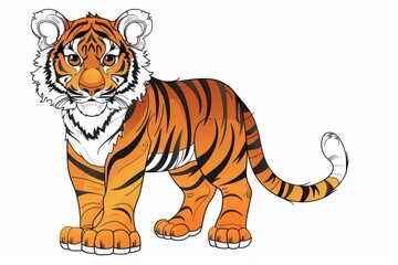 Obraz premium Cute baby tiger cub sitting and looking forward in a simple, stylized outline drawing, perfect for children's books or coloring pages