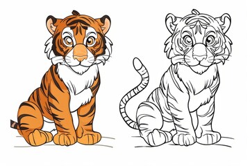 Fototapeta premium Cute baby tiger cub sitting and looking forward in a simple, stylized outline drawing, perfect for children's books or coloring pages
