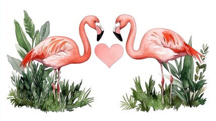 Fototapeta premium Watercolor of Cute Flamingos Forming Heart with Necks