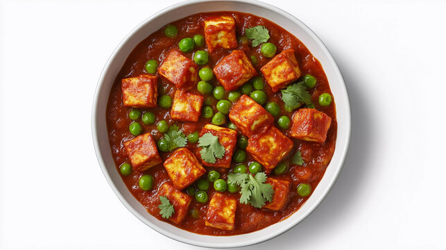 Paneer matar gravy top view  on white background 