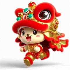 Naklejka premium Adorable 3D Render of a flying happy cute kid in a Lion Dance Costume, Chinese New Year