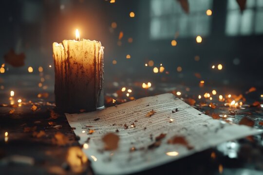 A candlelit room with an old, dusty bank statement revealing a mysterious, cursed transaction from centuries ago