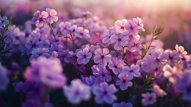 Pink Flower Field at Sunset: A breathtaking close-up of delicate pink phlox flowers bathed in the warm glow of the setting sun. Soft petals dance in the golden light.