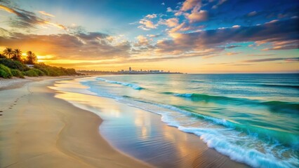 Obraz premium Serene beachscape with calm turquoise water and soft white sand at sunrise over Melbourne's iconic coastline, turquoise ocean, soft focus