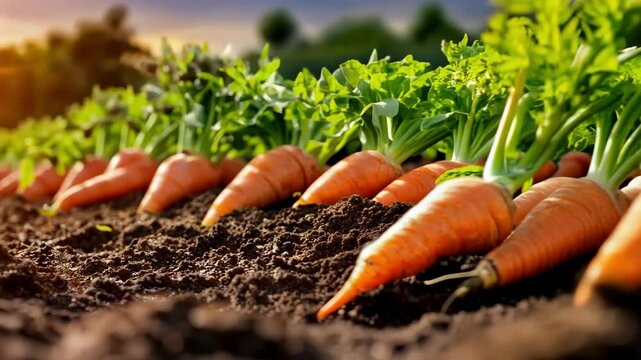 Sunlit freshly harvested carrots in garden soil at sunrise