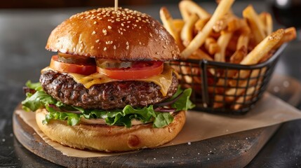 A hearty hamburger topped with fresh lettuce, tomato, pickles, and melted cheese is placed on a wooden board. A side of crispy fries is served in a metal basket, creating a classic diner meal