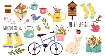 Big vector horizontal Welcome Spring set in hand drawn style. Cute springtime doodle designs for decorating gifts, banners, postcards, greeting cards. Hello spring collection in flat style.