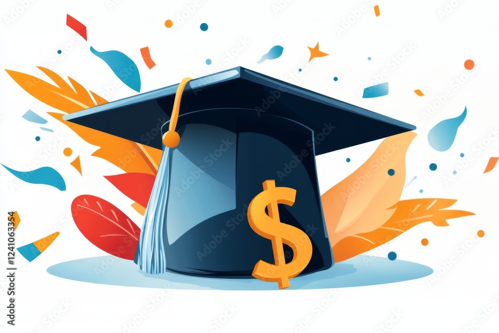 Poster a clean and simple icon of a graduation cap with a dollar sign underneath, representing tuition fees