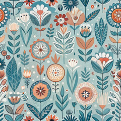 Seamless Scandinavian folk pattern with flowers and leaves
