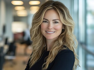 Obraz premium full body shot of smiling of Canadian businesswoman with blurred office background.