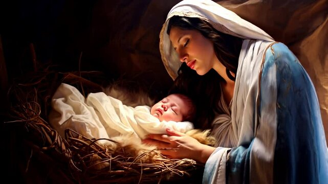 Christmas. The Virgin Mary with the infant Jesus Christ. Christian Christmas illustration, banner, background.	