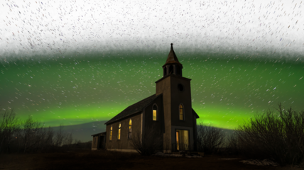 Panorama of northern lights aurora fading to transparent above an old, abandoned church
