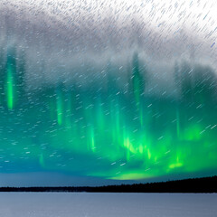 Dramatic green northern lights aurora above a frozen lake with stars showing comet tails
