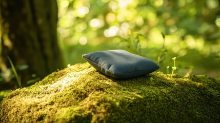 Obraz premium A small pouch rests on a mossy rock in a tranquil forest clearing, bathed in soft sunlight. Serenity and simplicity in nature's embrace.