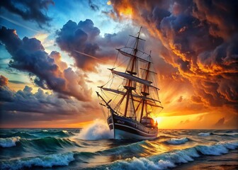 Obraz premium Dramatic Sunset Storm: Close-Up of a Grand Sailing Ship at Sea