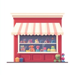 Toy shop storefront; colorful toys displayed; city background; for e-commerce