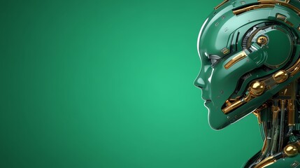 Obraz premium Futuristic green robot head with gold and silver helmet ai robotics concept art