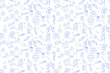 Blue medical icons pattern featuring healthcare tools and symbols.