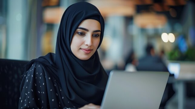 Young entrepreneur wearing hijab working or study  remotely in a busy cafe