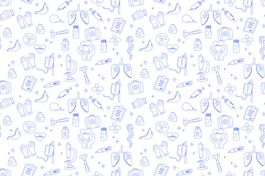 Blue medical icons pattern featuring healthcare tools and symbols.