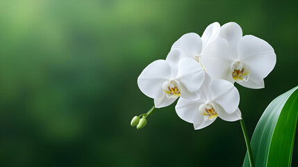 Obraz premium A beautiful white orchid blooming gracefully amidst a soft, green background, symbolizing elegance and tranquility.