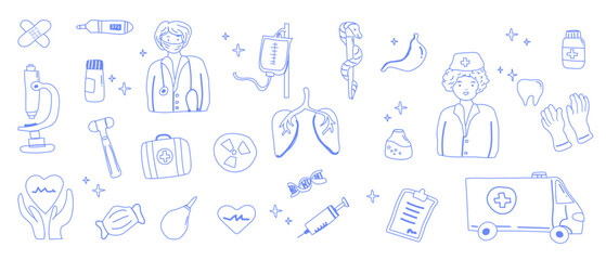 Medical doodles: doctor, nurse, syringe, ambulance, heart and more in blue outline.