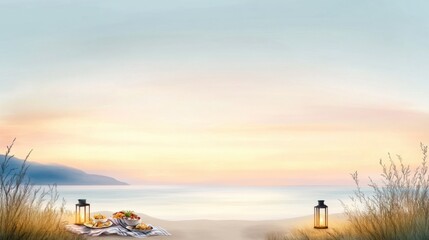 Serene Beach Picnic Setting at Dawn with Soft Ocean Waves