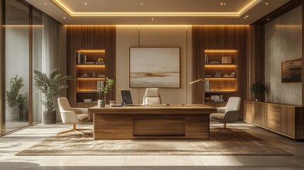 A serene office with sepia-toned walls, natural wood furniture, soft beige chairs, golden lighting, and minimalistic decor for a warm and elegant design